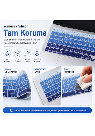 Macbook Pro 14.2 İnç M1 M2 M3 M4 M5 A2442 A2992 Uyumlu Türkçe Q Klavye Koruyucu Mavi Ombre Silikon Diğer