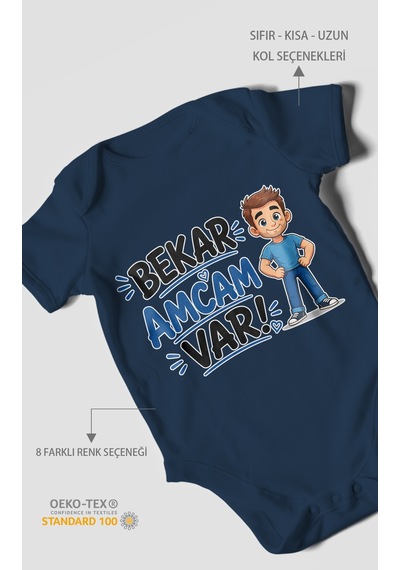 Morivokids Bekar Amcam Var Kısa Kollu Bebek Body %100 Pamuk Lacivert