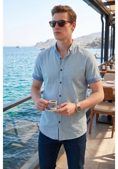 Buratti Pamuklu Slim Fit Düğmeli Yaka Kısa Kollu Erkek Gömlek Cf21S112546 Aqua