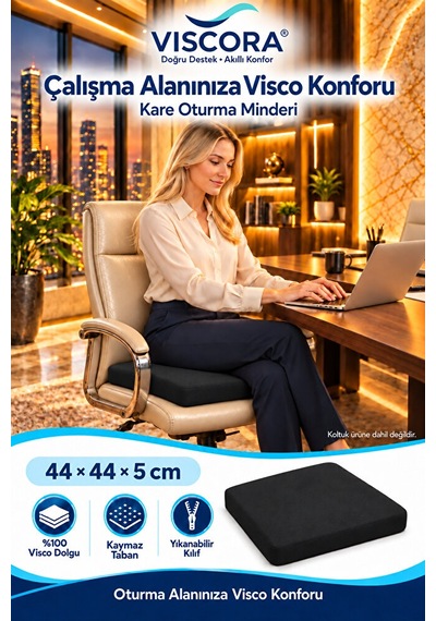 Visco Kare Oturma Minderi Ofis Koltuğu, Sandalye Ve Ev İçin Kaymaz Minder 44 44 5 Cm