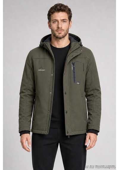 Freemen Erkek Kapüşonlu İçi Kürklü Su Ve Rüzgar Geçirmez Outdoor Softshell Mont-414 Haki