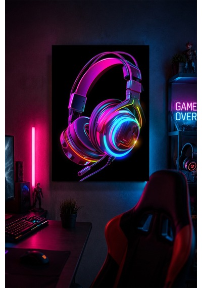 Gaming Kulaklık Metal Duvar Tablosu Neon Oyuncu Odası Dekoru 30x40 Cm A3 Boyutunda