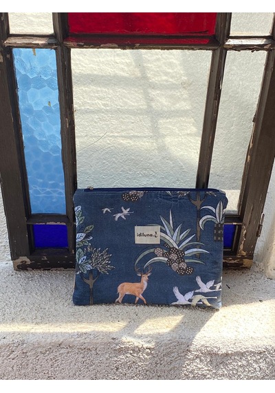 İdiluna Orman Desenli Fermuarlı Çok Amaçlı Clutch / Tablet Kılıfı Lacivert Yeşil Kahverengi