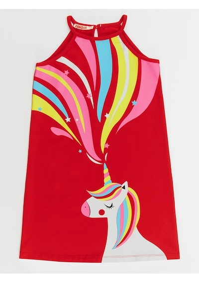 Denokids Unicorn Love Kız Elbise Kırmızı