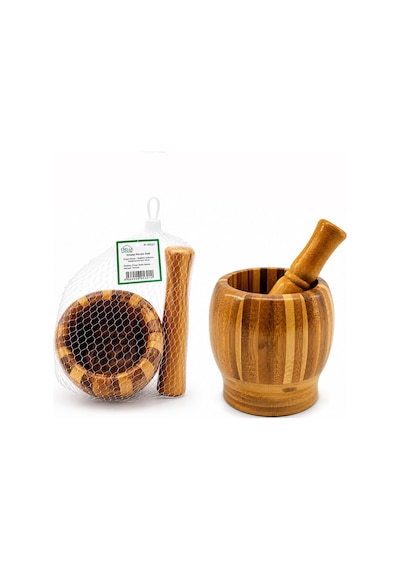 Ahşap Bambu - Çizgili Havan Sarımsak Dövecek Ç: 8cm--d: 7cm--y:10.5cm Fileli Ambalaj 5570