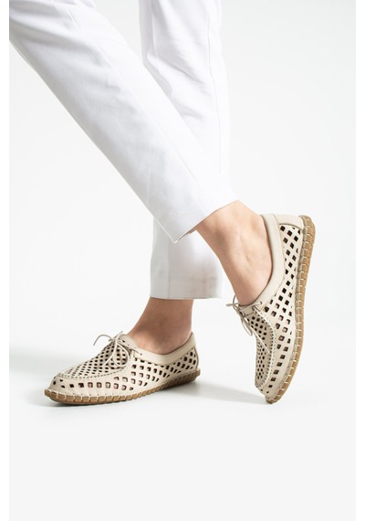 Dabab Shoes Vırena Kadın Bej Hakiki Deri File Bağcıklı Düz Taban Yazlık Babet Loafer Ayakkabı