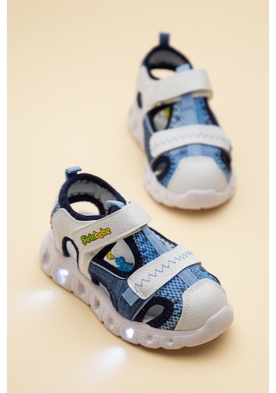 Şirin Bebe Şirinbebe Ortopedik Erkek Bebek Sandalet Beyaz Işıklı Taban Cırtlı Önü Kapalı-4759