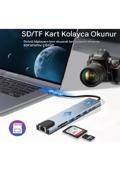 8 In 1 Apple Uyumlu MacBook Pro Air Usb Type-c Hub Dönüştürücü Çevirici Çoklayıcı Usb Hdmı Micro Sd Girişli