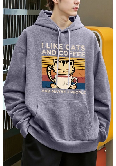 Startmore Startmoresevimli Kedi Kahve İçiyor Desen Erkekler Y2k Hoody Hip Hop Polar Moda Hoodie Büyük Boy Sokak Gri