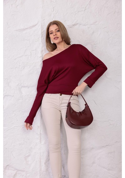 Ckm Moda Luna Yarasa Kol Bel Büzgü Detaylı Bluz Bordo