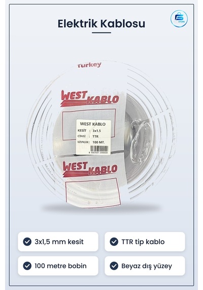 Elektrik Kablosu 3x1,5 Mm Ttr 100 Metre Bobin Beyaz Ev Tesisatı İ