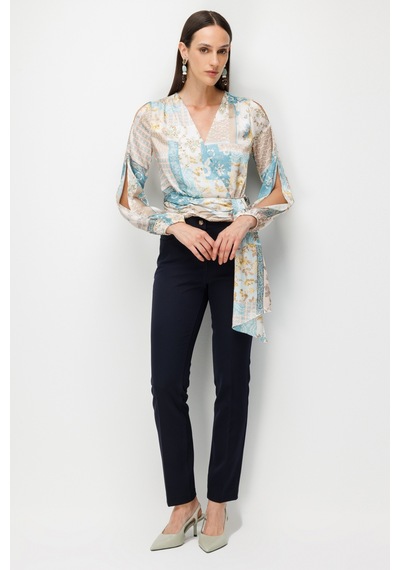 Ekol Kadın Beli Fularlı Desenli Crop Bluz 2094 Turkuaz