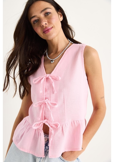 Shade Kadın V Yaka Fiyonk Detaylı Müslin Peplum Bluz G28-4883 60283356 - Pembe