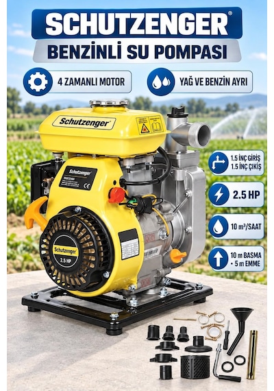 4 Zamanlı Benzinli Su Pompası 2.5 Hq 1.5 Inç Çıkış 100mt Yatay Atar Tarla Bahçe Sulama 5 Mt Emiş Sarı 7040