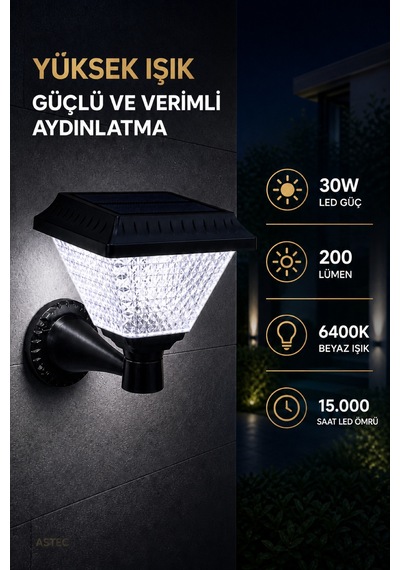Astec Kristal Solar Led Duvar Aplik 30w 6400k Beyaz Işık Ip64 Dış Mekân Bahçe Duvar Aydınlatma Prizmatik
