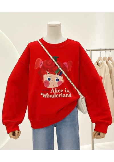 Benroma 3 İplik Penye Alice İn Wonderland Baskılı Unisex Sweatshırt Kırmızı