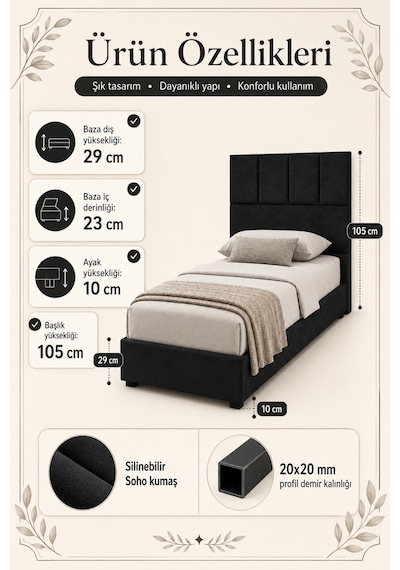 Baza Seti, Monaco Tek Kişilik Baza Başlık Maxi Yatak Seti, Antrasit - 90x190 Cm 90 x 190
