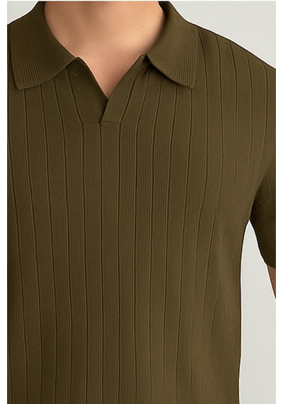 Tarz Cool Erkek Mat Haki Slim Fit Fitilli Polo Yaka Triko T-shirt Mat Haki