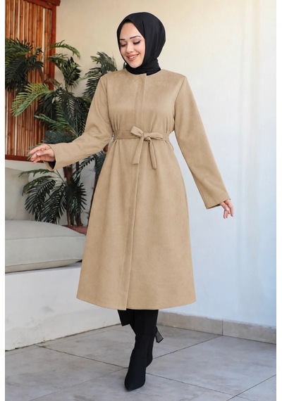 Nevayla Moda Kuşaklı Süet Kumaş Kap Bej