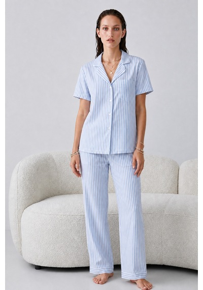Regular V Yaka Günlük Mavi Pijama Takımı