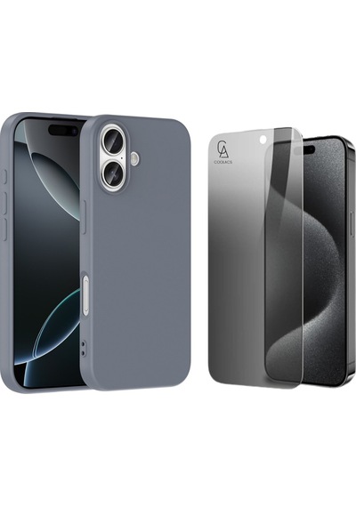 Apple Uyumlu iPhone 17 Içi Kadife Lansman Kılıf Ve Hayalet Privacy Tam Kaplayan Cam Ekran Koruyucu Gri