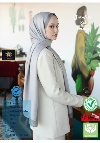Premium Lux Original Monogram Şal İpek Vual, Yüksek Kalite, Hafif, Rahat, Şık, Tesettür, Shawl Açık Gri Gri Şeritli
