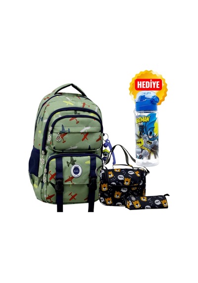 Kids Okul Çantası , Beslenme Çantası , Kalemlik - Anahtarlık + Suluk&matara Mavi MAvi