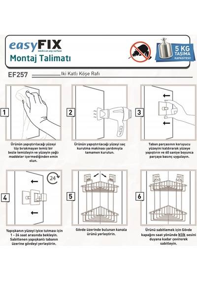 Teknotel Easyfıx Yapışkanlı Iki Katlı Banyo Rafı Mat Siyah Ef257 Çok Renkli