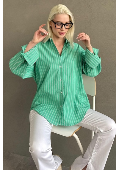 Madmext Mint Yeşili Çizgili Regular Kesim Kadın Gömlek Mg2610 Mint Yeşili