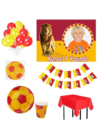 16 Kişilik Sarı Kırmızı Fulbol Taraftar Doğum Günü Süsleri Afiş H +3