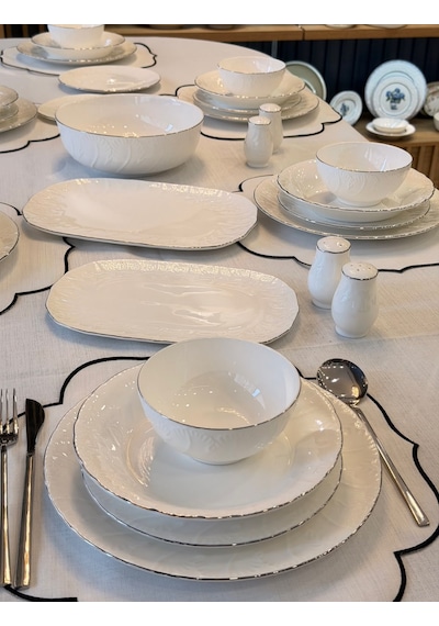 58 Parça 12 Kişilik Porselen Queen Sera Yemek Takımı Silver-7276 Beyaz Gri