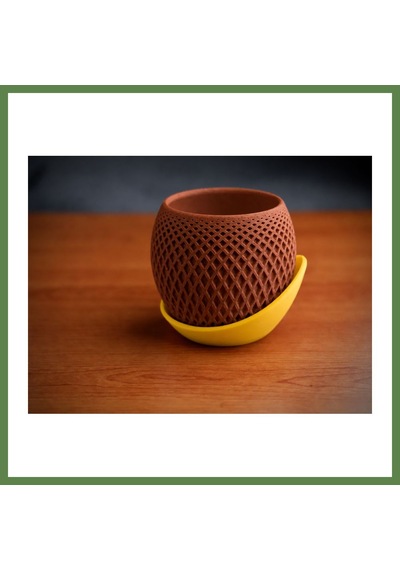 Bezos 3d Baskı Küre Saksı - Kafes Dokulu İki Parçalı Dekoratif Saksı - Kahverengi-sarı Hb006