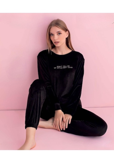 Pijamerry Kadın Kışlık Bisiklet Yaka Kadife Pijama Takımı 3050s - 1 Adet Siyah