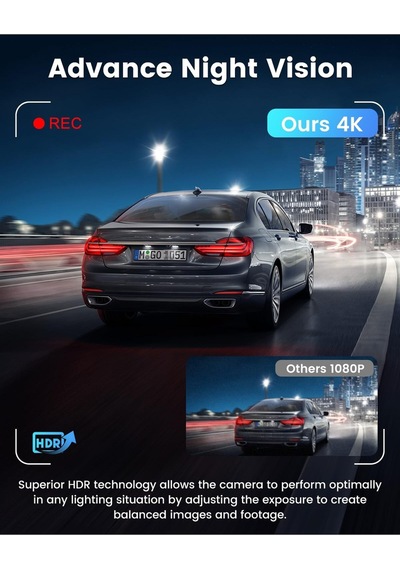 4k + 1080p Dash Cam Ön Arka Kamera, Wifi, 64gb Sd Kart, Ultra Gece Görüşü, G-sensör, Döngüsel Kayıt