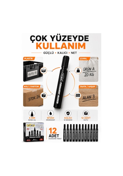Mavi Permanent Marker Koli Kalemi 12 Li Paket 3 Mm Kesik Uç Siyah