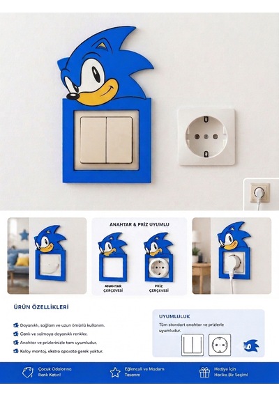Sonic Anahtar & Priz Çerçevesi El Yapımı Işık Anahtarı Süsü Çocuk Odası Duvar Dekoru Dekoratif Hediye 001