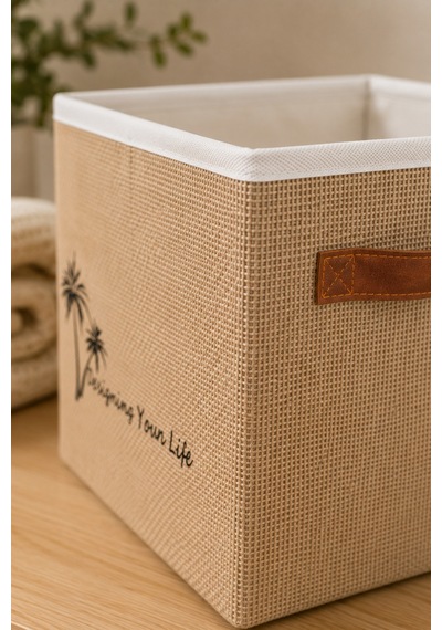 Jüt Dolap Düzenleyici Saklama Kutusu 33x33x33 Cm Katlanabilir Çok Amaçlı Organizer Sepet Doğal