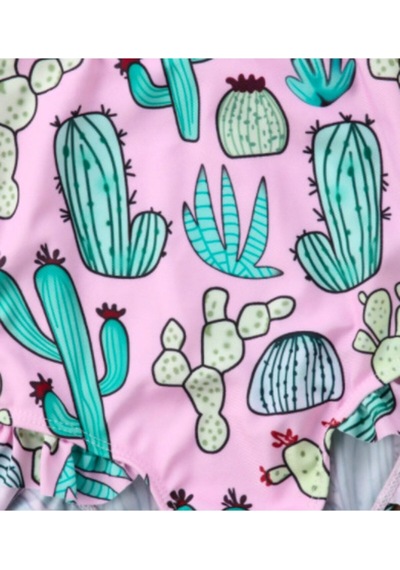 Pembe Kaktus Desenli Mayo Ve Sac Bandi- Kiz Cocuk Bebek Mayo Ve Bant