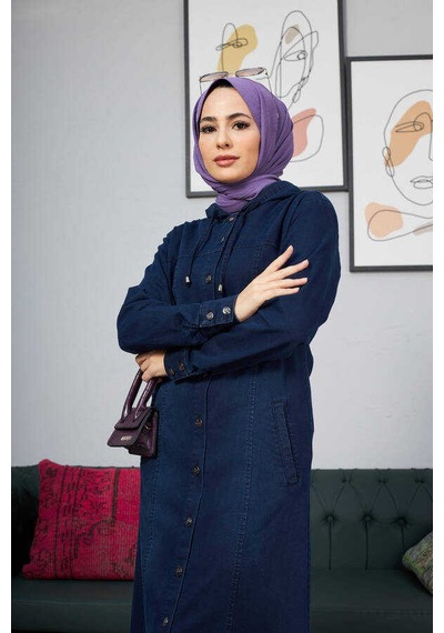 Neways 6509-denim Kapşonlu Ferace Lacivert Lacivert