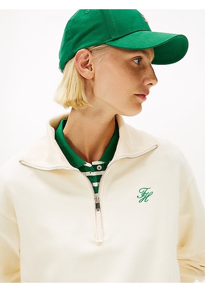 Tommy Hilfiger Ww0ww49470 Th Script Half Zip Terry Kadın Sweatshirt Bej