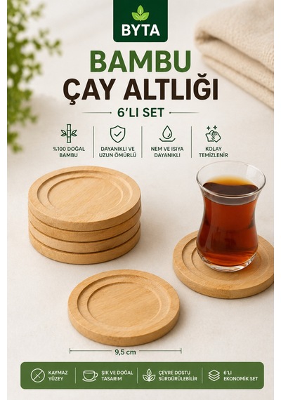 Bambu Çay Bardağı Altlığı 6 Lı Set 9,5 Cm Doğal Bambu Çay Fincan Takımı , Isıya Dayanıklı Bardak Tabağı Ekru