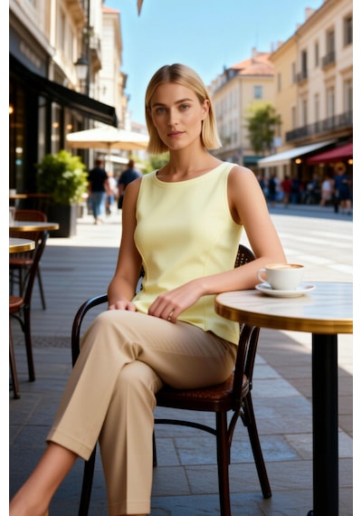 Benerly Kadın Bluz Sıfır Kol Bisiklet Yaka Peplum Kesim Örme Kumaş İnterl Sarı