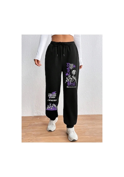 Tarzsokak Graphic Drawstring Waist 4 Mevsim Eşofman Siyah