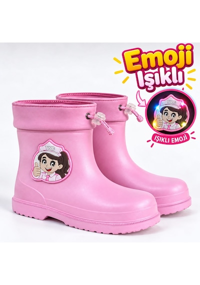 Twingo Çocuk Kışlık Emojili Işıklı Konforlu Yağmur Çizmesi Unisex Pembe