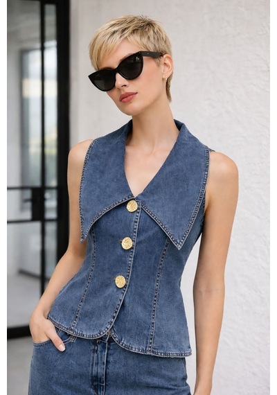 Kadın Gold Düğme Detaylı Yelekli Denim Kot Takım Yz2613 Mavi