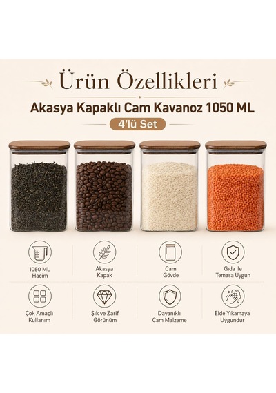 1050 Ml Akasya Kapaklı Cam Kavanoz 4'lü Set, Şeffaf Cam Saklama Kavanozu, Ahşap Kapaklı Mutfak Düzenleyici, Bakliyat Makarna Kahve Çay Kuruyemiş Kuru Gıda Kabı Çok Renkli