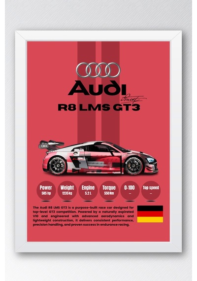 Audi R8 Lms Gt3 Premium Spor Araba Çerçeveli Tablo - Teknik Özellikli Otomobil Sever Duvar Dekoru Beyaz