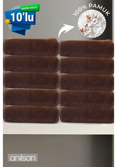 10'lu Kahverengi El Havlusu - 50x90 Cm, 225 Gr, %100 Pamuk, Spa Ve Otel Havlusu, Günlük Kullanıma Uygun Kahverengi