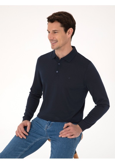 Cacharel Lacivert Regular Fit Yün Karışımlı Polo Yaka Basic Triko Kazak