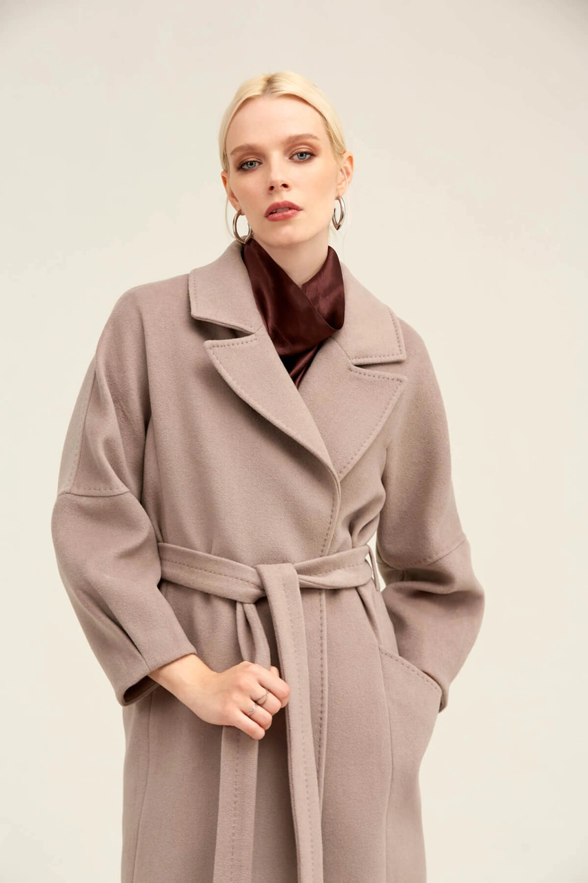 Hatemoğlu Saykı Woman Taş Regular Fit Ceket Yaka Kaşe Yünlü Oversize Manto Taş